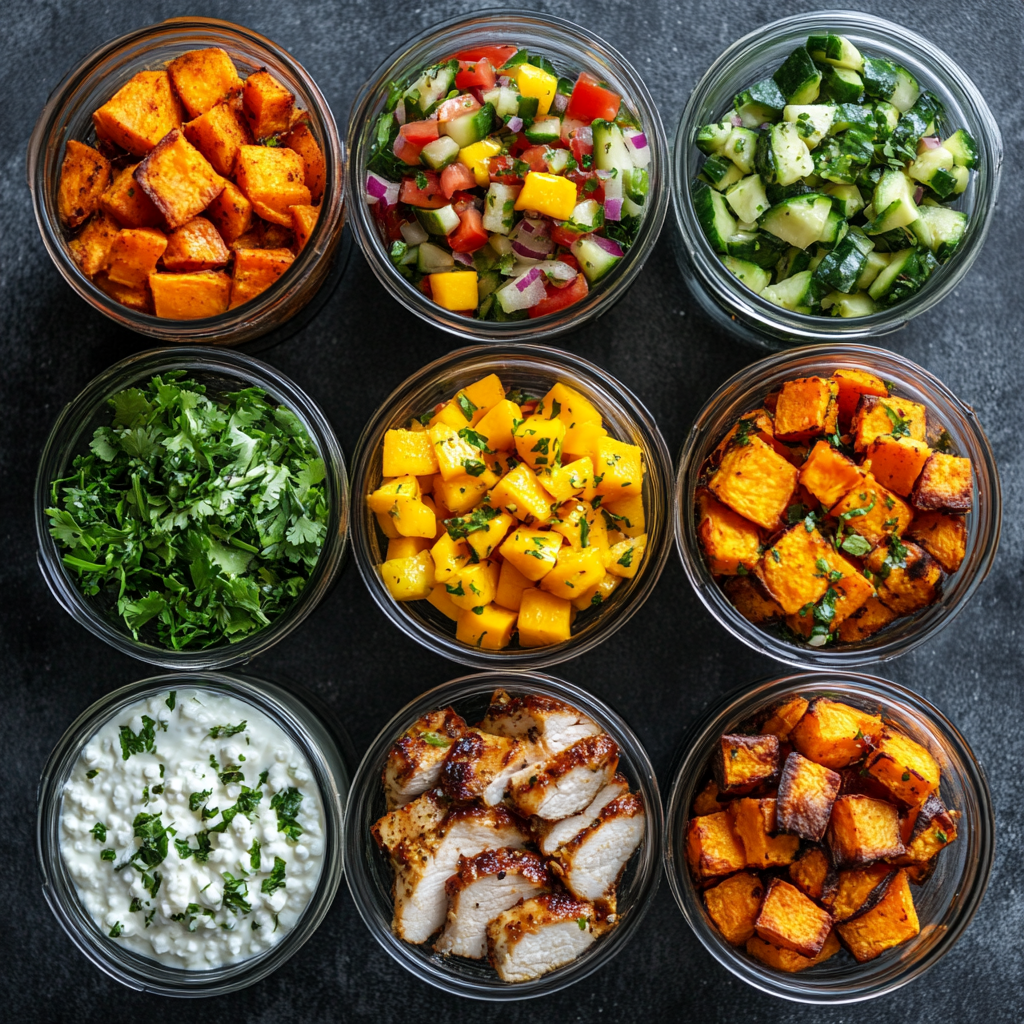 How to Meal Prep BBQ Chicken & Cottage Cheese Bowls (The Best 5-Day Plan) 13 Flat lay key of raw ingredients