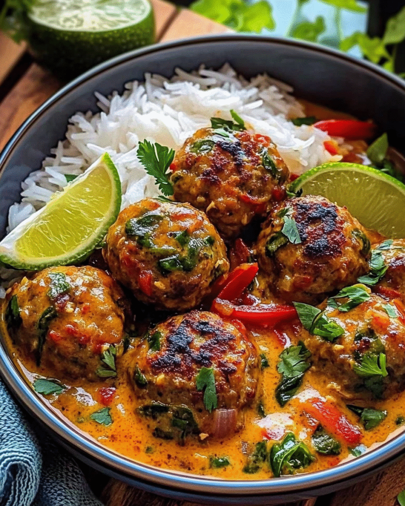 Fragrant Thai Chicken Meatballs in Creamy Coconut Red Curry 8 /fragrant-thai-chicken-meatballs-coconut-curry