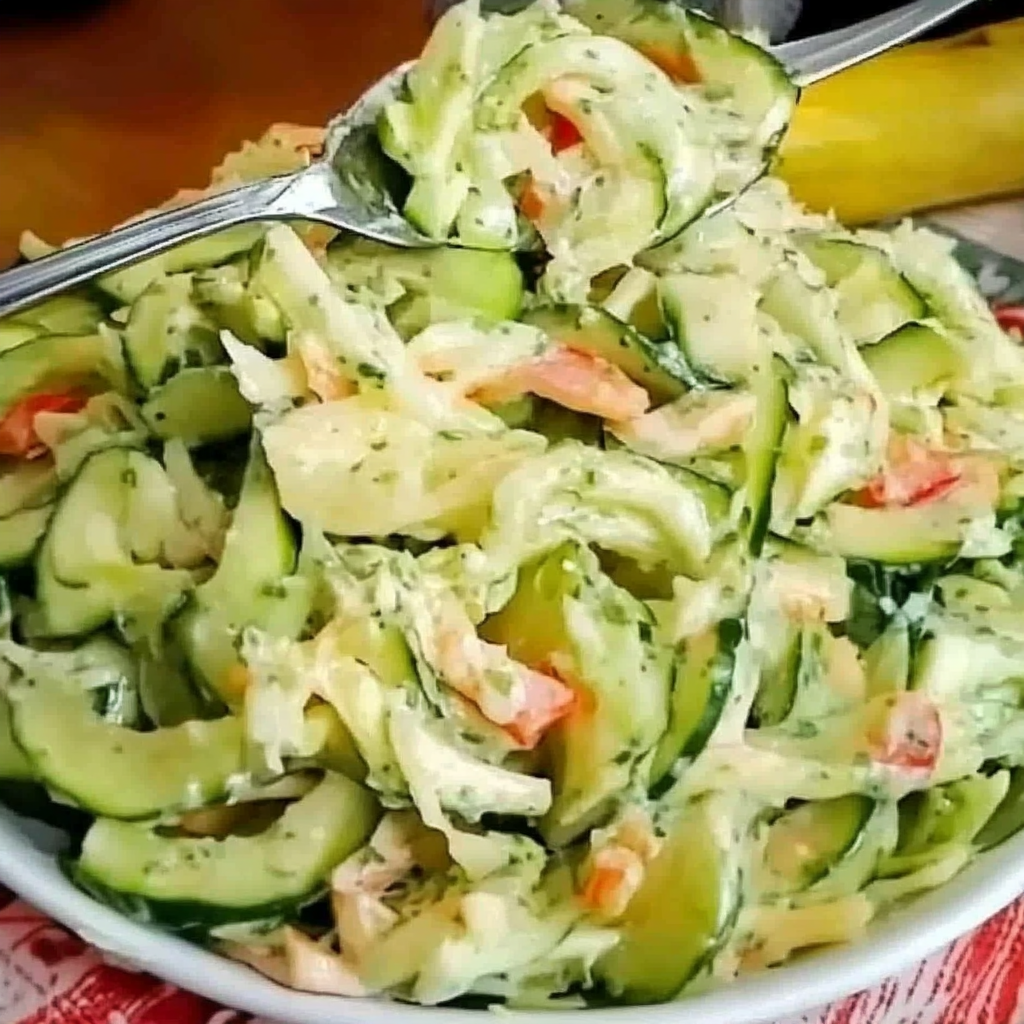 Cucumber Salad: A Fresh Take From My Southern Kitchen 8 Close-up of creamy cucumber salad with cabbage and bell peppers