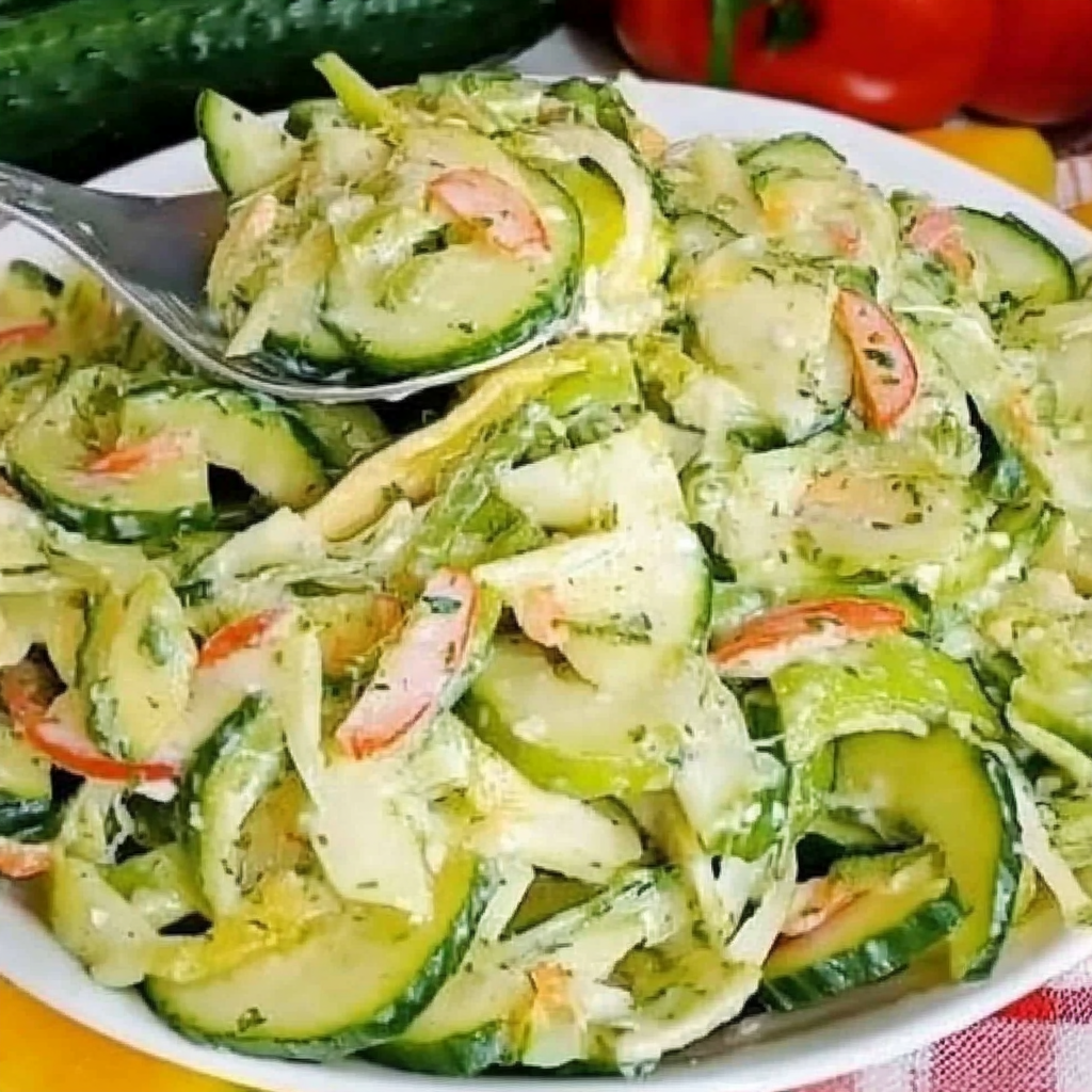 Cucumber Salad: A Fresh Take From My Southern Kitchen 10 Close-up of creamy cucumber salad with cabbage and bell peppers